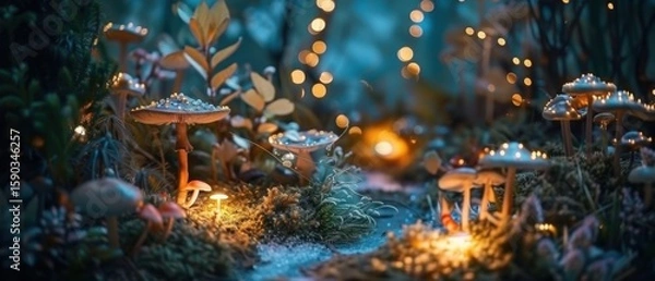 Fototapeta Magical forest scene with glowing mushrooms, soft moss, fairy lights, and dreamy bokeh. Enchanted night atmosphere evokes fantasy, wonder, and mystery in a miniature woodland setting