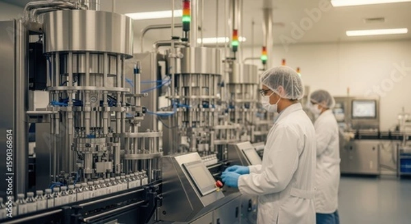 Fototapeta Two pharmaceutical factory workers wearing lab coats, hairnets, face masks, and gloves are operating a bottling machine producing medication or vaccine vials