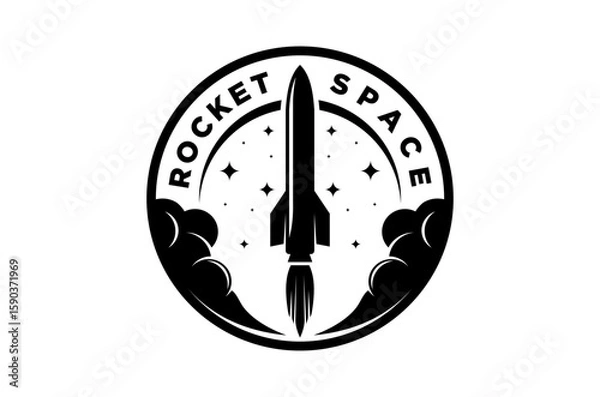 Fototapeta A striking monochrome emblem depicting a rocket launching into space, surrounded by stars and clouds.