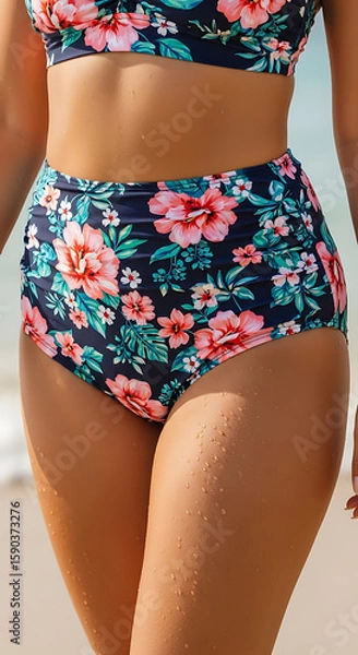Fototapeta A close-up of a woman's mid-section and legs in a high-waisted bikini with a floral print, with subtly tanned skin and a few water droplets. The focus is on the details of the bikini fabric and skin t