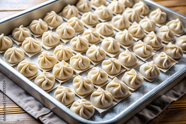 Fototapeta A baking tray filled with neatly arranged uncooked dumplings, partially covered by a white cloth
