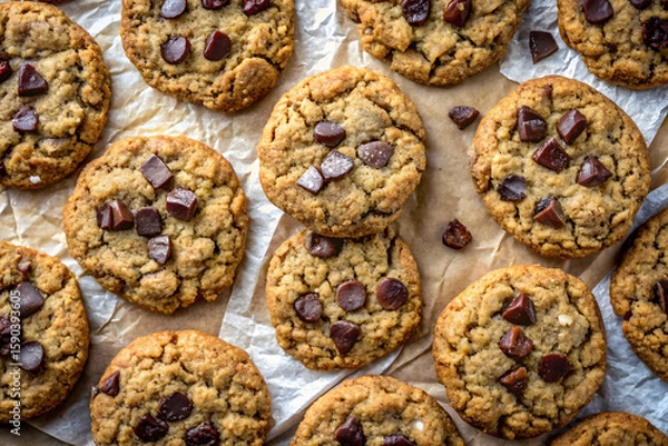 Fototapeta A batch of oatmeal chocolate chunk cookies with sea salt on parchment paper
