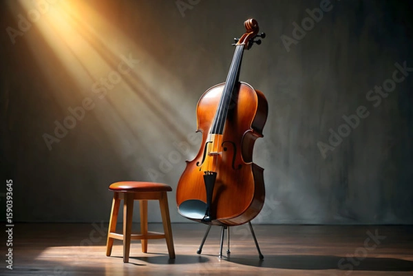 Fototapeta A beautifully crafted cello rests gracefully on a black stool, illuminated by soft natural light. The setting highlights the cello's smooth wooden finish and elegant curves