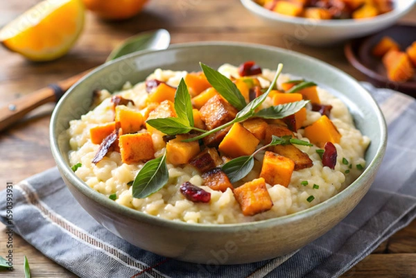 Fototapeta A bowl of creamy risotto topped with roasted butternut squash, crispy pancetta, and fresh sage leaves