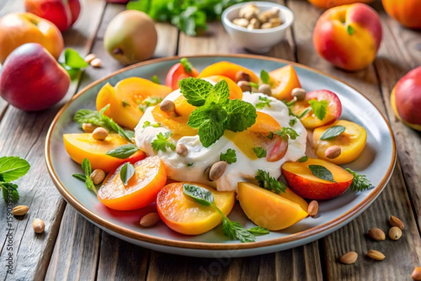 Fototapeta A plate of fresh fruit salad with sliced peaches, apricots, and a dollop of yogurt, garnished with nuts and herbs