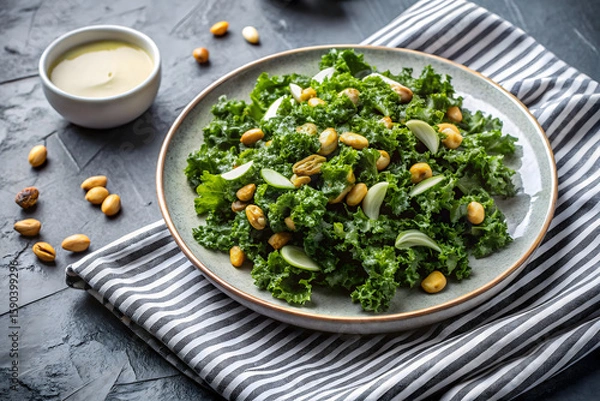 Fototapeta A plate of kale salad with creamy dressing and chopped pistachios on a gray surface, accompanied by a striped napkin and a bowl of pistachios