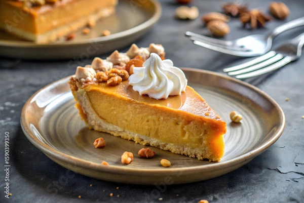 Fototapeta A slice of pumpkin pie topped with whipped cream and nuts on a gray plate with a fork