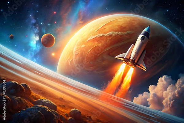 Fototapeta A stylized illustration of a spaceship soaring above a vibrant orange planet against a starry night sky, capturing the essence of surreal space exploration