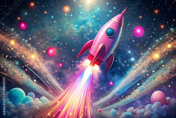 Fototapeta A vibrant illustration features a pink rocket ship soaring through a starry space backdrop. The glowing white trails and colorful dots create a whimsical cosmic scene