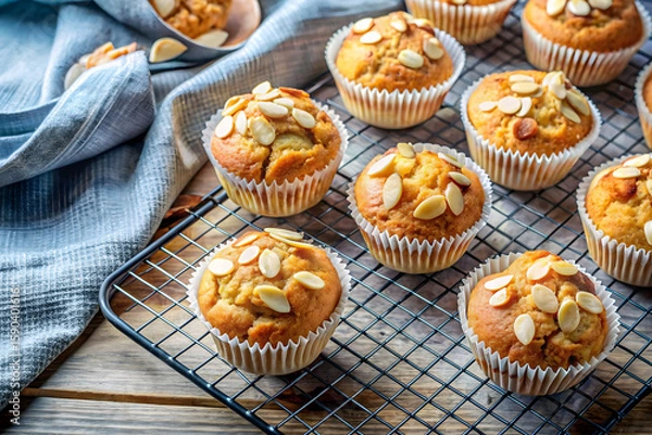 Fototapeta Almond-topped muffins cooling on a wire rack with a cloth napkin nearby