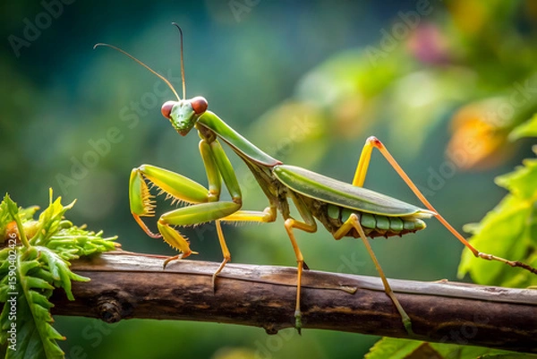 Fototapeta Close-up of a praying mantis on a vine branch, showcasing intricate details and the natural environment