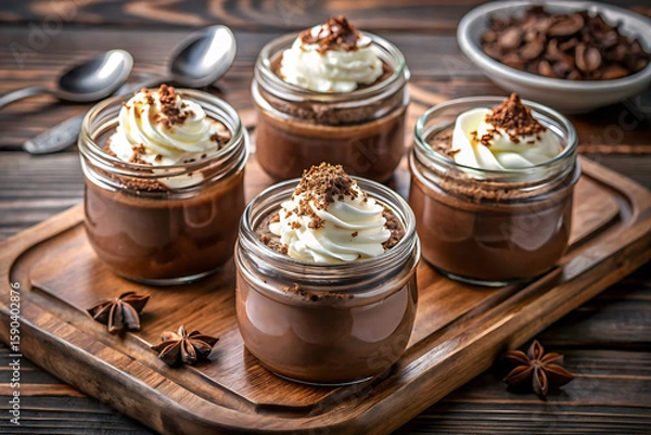 Fototapeta Four jars of chocolate pudding topped with whipped cream and chocolate shavings on a wooden board