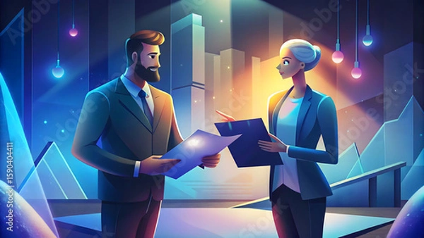 Fototapeta Illustration of business partners discussing a deal with papers and charts