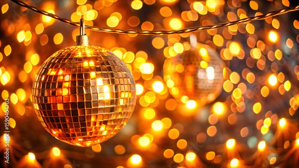 Fototapeta Orange string lights glowing over shiny disco ball