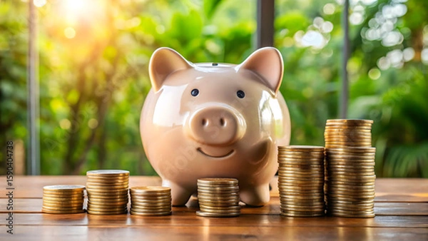 Fototapeta Piggy bank and coins on a wooden table representing savings and financial planning indoors