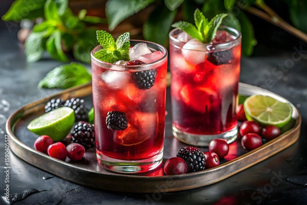 Fototapeta Two tall glasses of red berry cocktail with ice, garnished with herbs, served on a tray with lime and blackberries