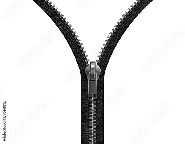 Fototapeta A black zipper, partially open, with metal teeth, isolated on a clean white background.