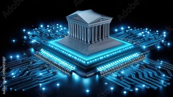 Fototapeta Corporate Governance Compliance Concept. A digital microchip with a classical Greek-style temple on top, symbolizing the fusion of technology and governance or law.