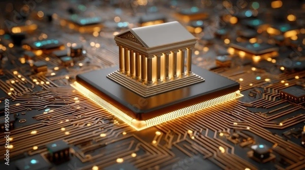 Fototapeta Corporate Governance Compliance Concept. A golden classical temple model sits atop a glowing microchip on a circuit board, symbolizing the fusion of ancient architecture with modern technology.