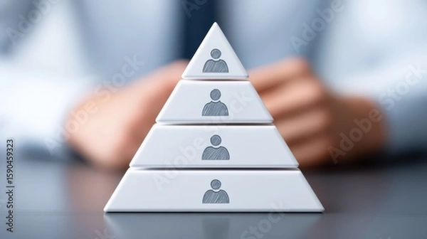 Fototapeta Corporate Governance Compliance Concept. A hand holding a pyramid made of four stacked blocks, each with a human icon, representing organizational hierarchy or structured teamwork.