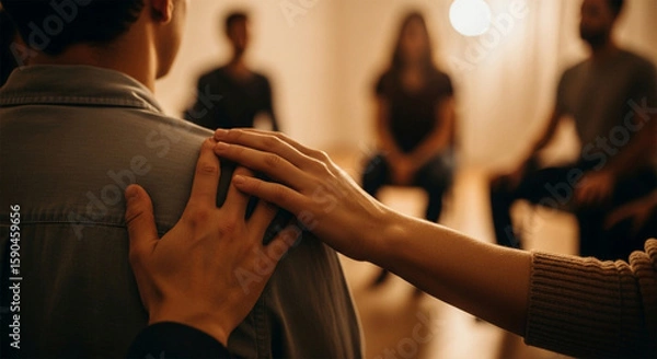 Obraz Supportive hand rests on shoulder during a group therapy session.