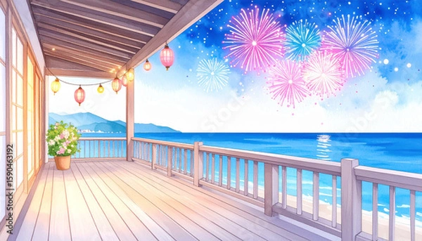 Fototapeta 打上花火が上がる民家の縁側　夏の夜　水彩画風
