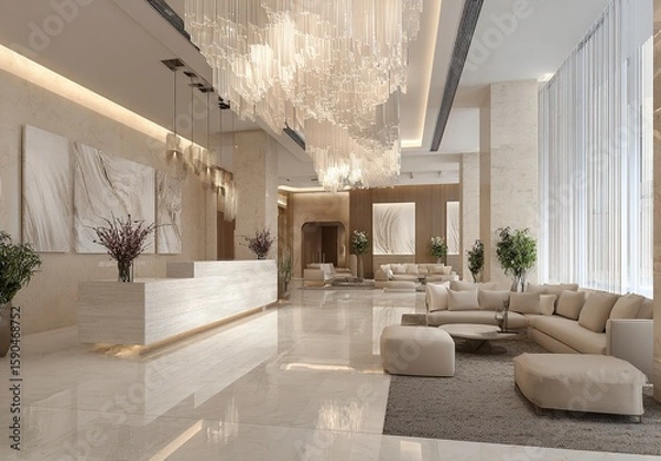 Fototapeta 3D rendering of a modern luxury hotel lobby interior design with a reception desk, sofa, and chairs. The room is decorated in a beige color scheme. There is a carpet on the floor and a lighting chande