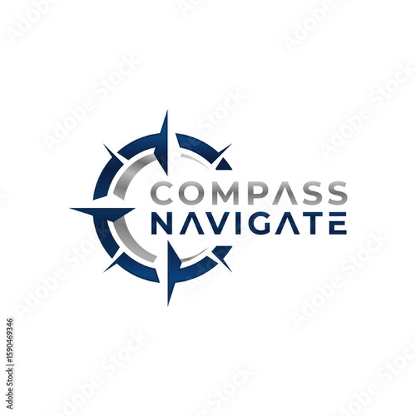 Obraz A strong logo for "Compass Navigate" featuring a modern, stylized compass rose in blue and gray, symbolizing guidance and direction. Editable Vector File