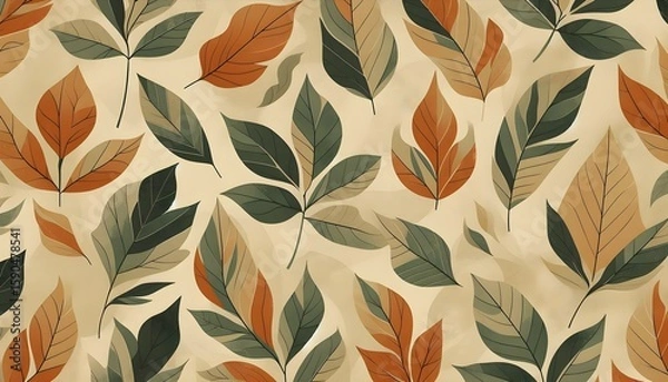 Fototapeta Modern seamless leaf pattern with muted autumn tones, orange and green on textured beige background