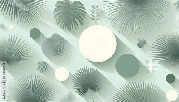 Fototapeta Decorative modern palm leaf shapes over pastel green background, vector style layout for interiors