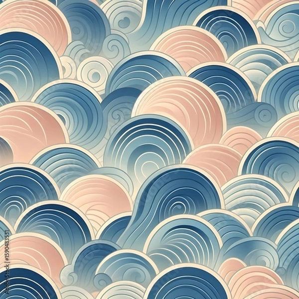 Fototapeta Modern seigaiha wave pattern with elegant blue curves and pastel background, seamless Japanese motif