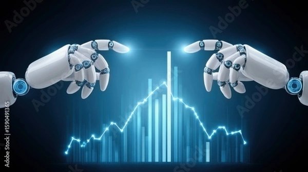 Fototapeta Economic Outlook and Recession Risk Concepts. Two robotic hands interact with a glowing digital financial graph, symbolizing AI-driven data analysis and futuristic technology in finance.