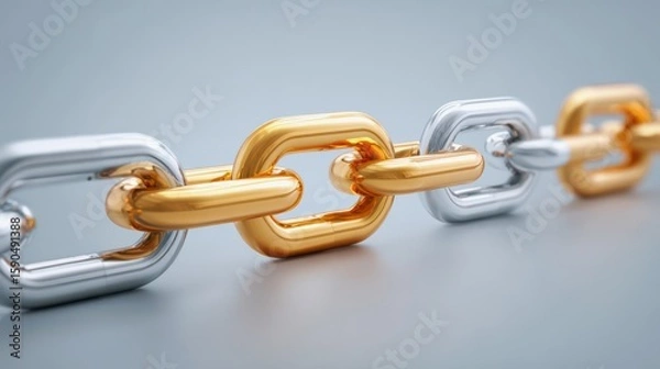 Fototapeta Economic Outlook and Recession Risk Concepts. A close-up of interlinked silver and gold chain links against a soft gray background.