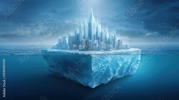 Fototapeta Economic Outlook and Recession Risk Concepts. A futuristic cityscape rises atop a massive iceberg floating in a vast ocean under a cloudy sky.