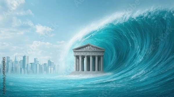 Fototapeta Economic Outlook and Recession Risk Concepts. A massive ocean wave threatens a classical Greek temple with a modern city skyline in the background under a cloudy sky.