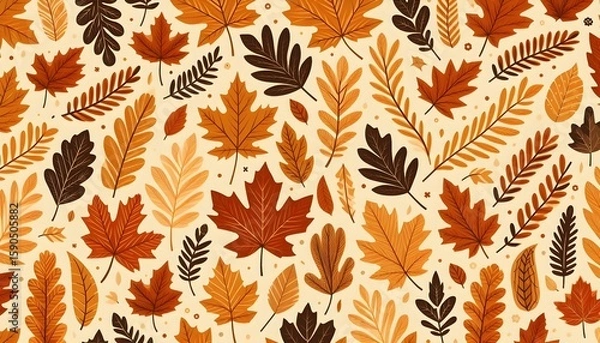 Fototapeta Warm-colored oak and maple leaves repeat across a flat autumn background with vector-style minimal illustration