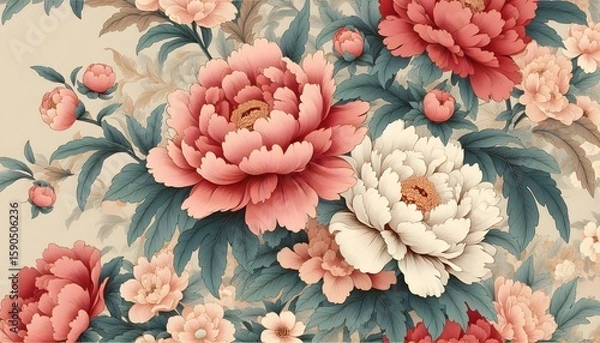 Fototapeta An elegant pattern of traditional Japanese peonies in soft and rich colors arranged with vintage textile-style balance
