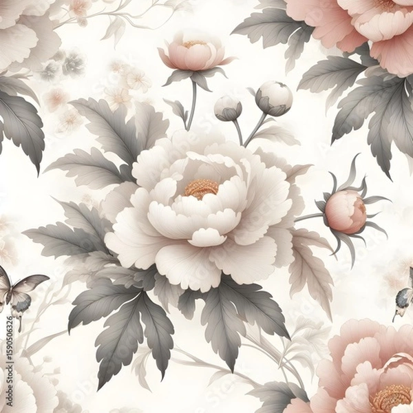 Fototapeta A seamless repeat pattern of elegant peony floral motifs rendered in soft watercolor with vintage Japanese aesthetic tones