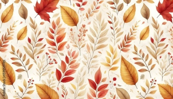 Fototapeta Watercolor-painted fall foliage with gentle tones repeats across a seamless seasonal background with elegant natural flair