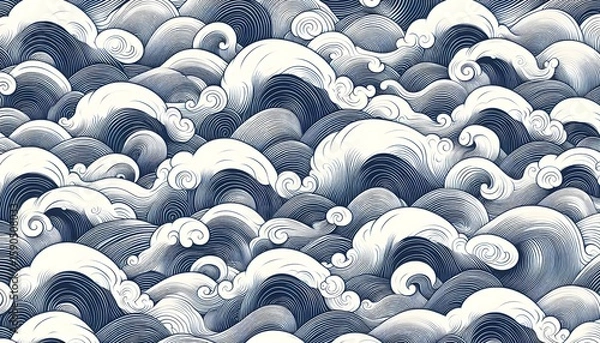 Fototapeta Classic Japanese seigaiha-style wave arcs drawn in soft indigo ink forming a timeless and minimal repeat pattern