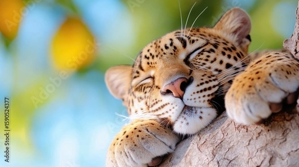 Fototapeta Leopard resting in a tree under the warm sun in Sri Lanka