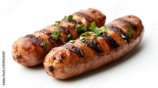 Fototapeta Grilled sausage delight resting gracefully on a pristine white backdrop