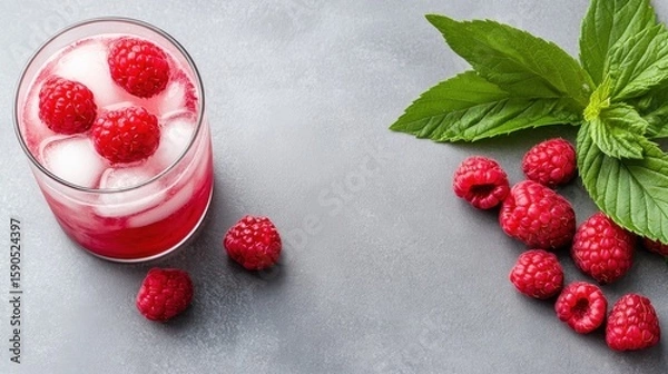 Fototapeta Refreshing raspberry cocktail garnished with fresh berries in flat lay