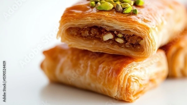 Fototapeta Delightful baklava with pistachio pieces resting on a white surface