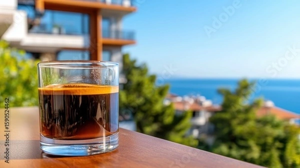 Fototapeta Enjoying Turkish coffee with a stunning seaside view on a summer day
