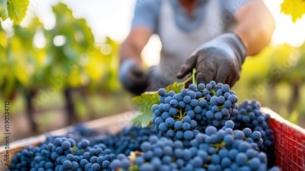 Fototapeta Grape picker collects harvest while sunlight filters through vineyard leaves