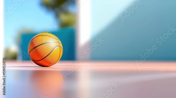 Fototapeta Close-up view of a basketball resting on a vibrant red court surface