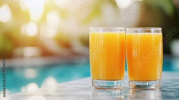 Fototapeta Refreshing orange juice glasses beside a shimmering pool on a sunny day