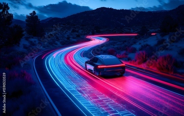 Fototapeta Autonomous vehicles are being tested in a proving ground, where the interplay of lights and vehicle contours showcases the forefront of technology and innovation