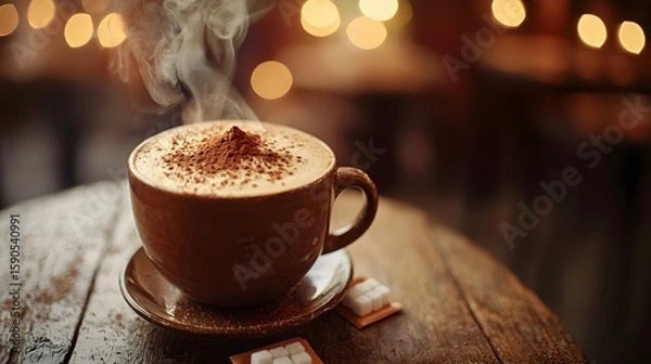 Fototapeta A steaming cappuccino with cocoa powder sprinkled on top, accompanied by sugar packets